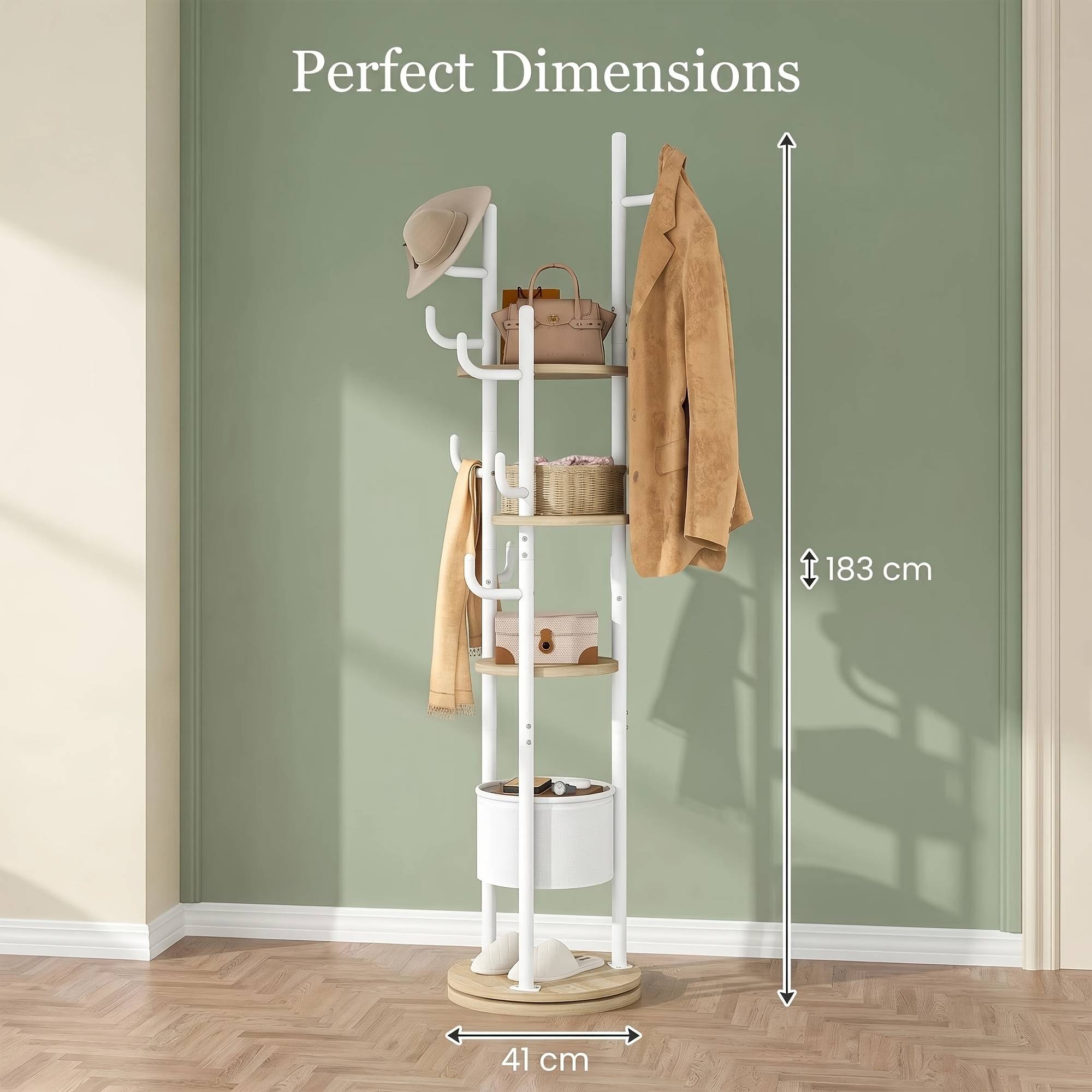 Modern Rotatable Floor-standing Coat Rack With L-shaped Hooks & Storage Basket - 4-tier Vertical Space- Entryway Shelf Suitable For Hallway, Bedroom, - White Wood &, Assembly, Multi- Furniture