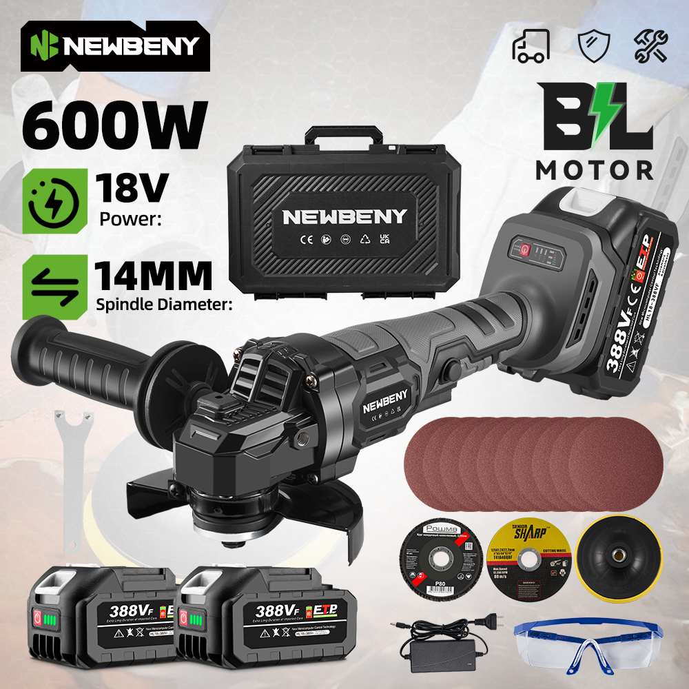 NEWBENY 125mm  Brushless Angle Grinder 3 Gears Cordless Grinding Cutting Woodworking Power Tool For Makita 18V Battery Pin