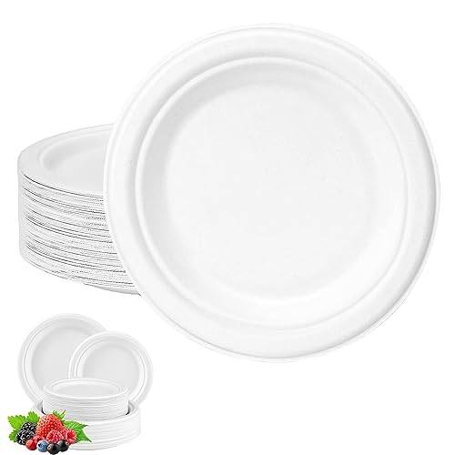 YAAVAAW Engångspapperstallrikar Vita 25 cm (10in), Super Styvig Bagasse Tallrik Miljövänlig Komposterbar Biologiskt nedbrytbar Tallrik, 100-pack Hållbara sockerrörsfesttallrikar