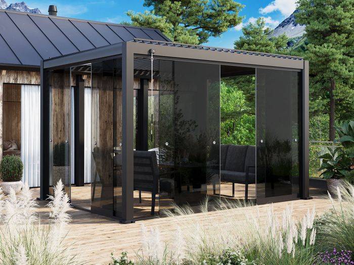 Bella pergola - 3x4m antracit - med skjutdörrar utan ram i svart glas