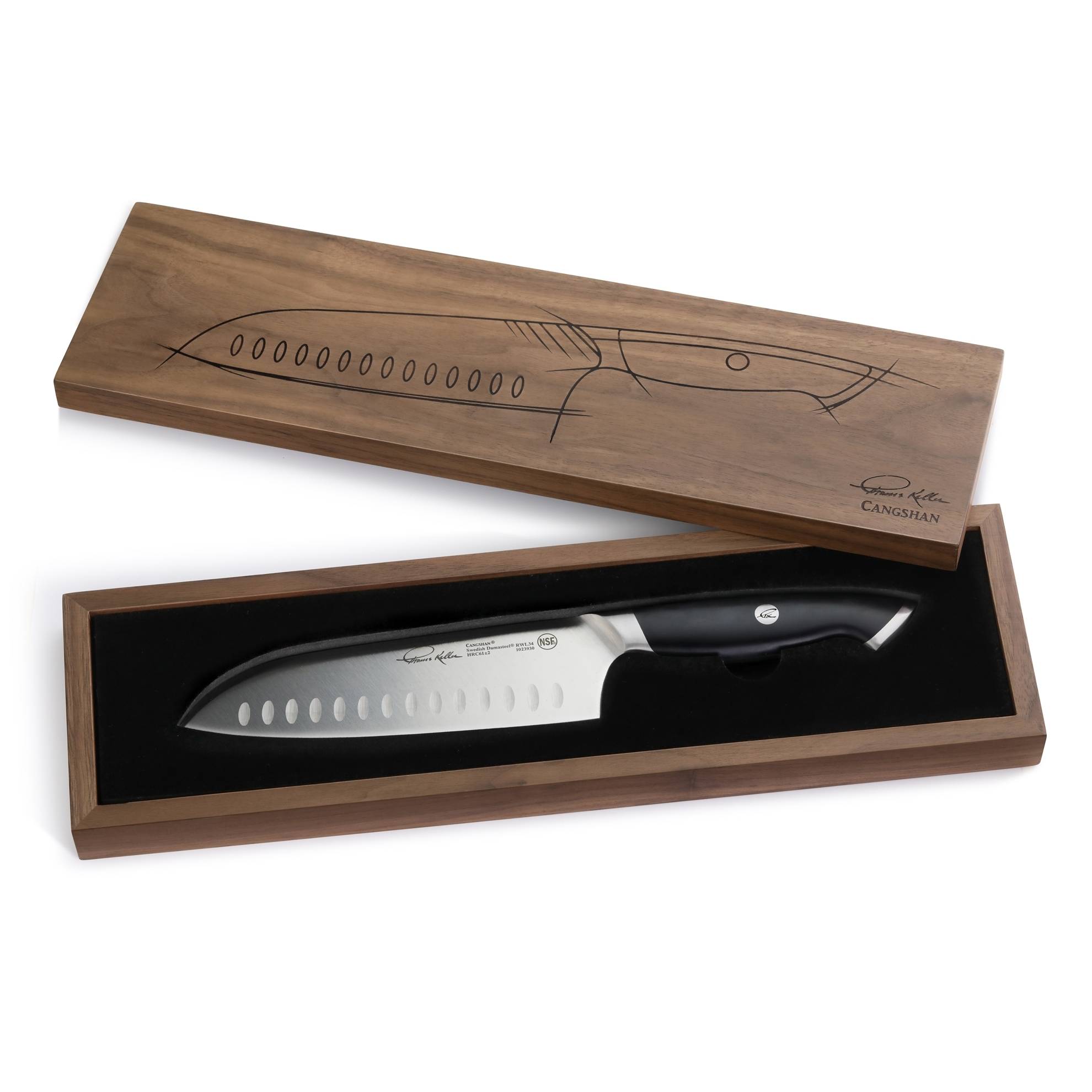 Santoku kniv 20 cm. af Svensk Damaskus stål - Cangshan Thomas Keller Signature Collection.