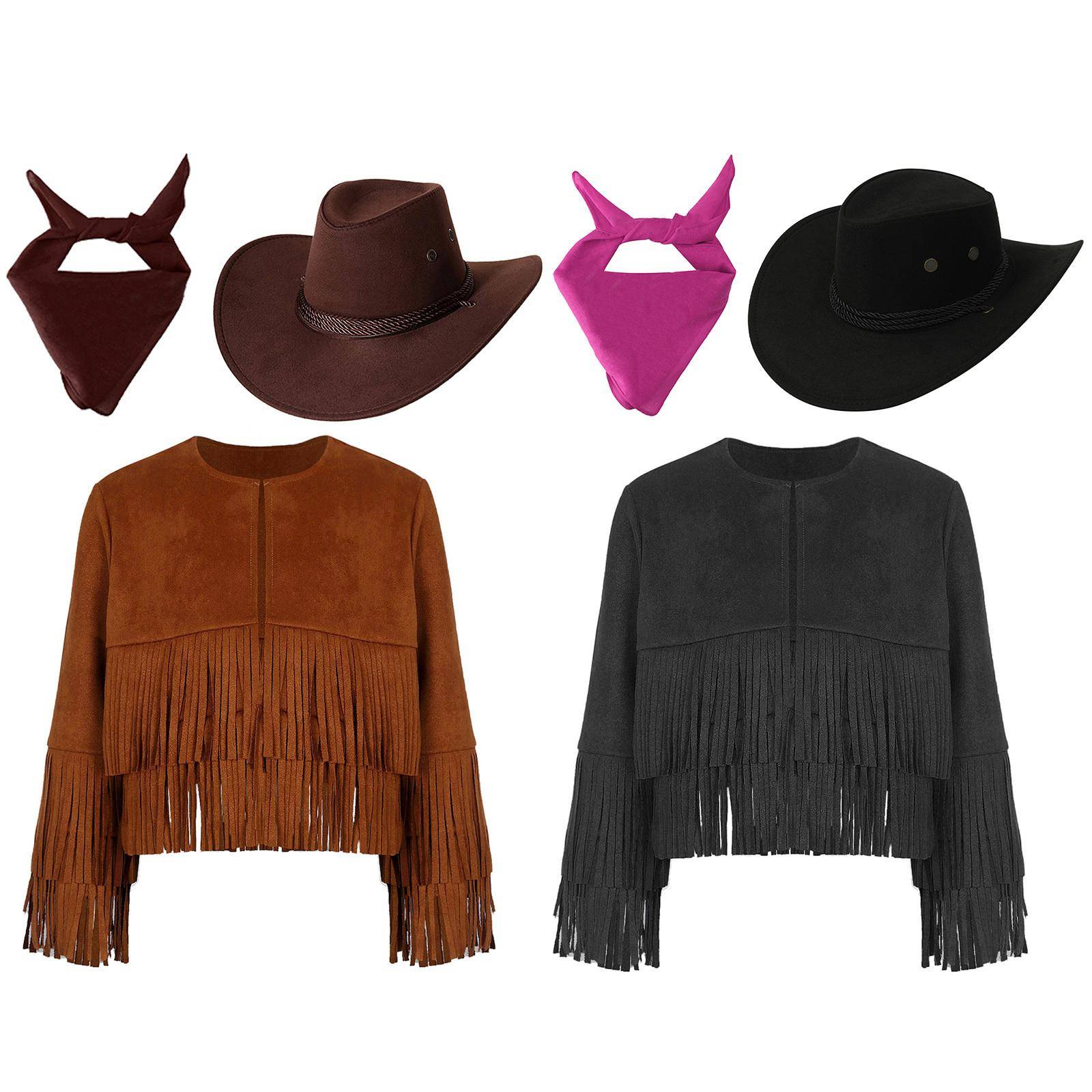 3-delad cowboydräkt för barn, unisex, väst med fransar, hatt och bandana, västerländsk cowgirl Halloween-utklädnad cm brun