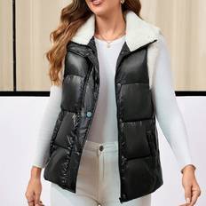 Dam Casual Teddy Fleece Patchwork Oblique Pocket Väst Jacka, höst/vinter - Svart - L,M,S,XL,XS,XXL,XXS,XXXL,XXXXL