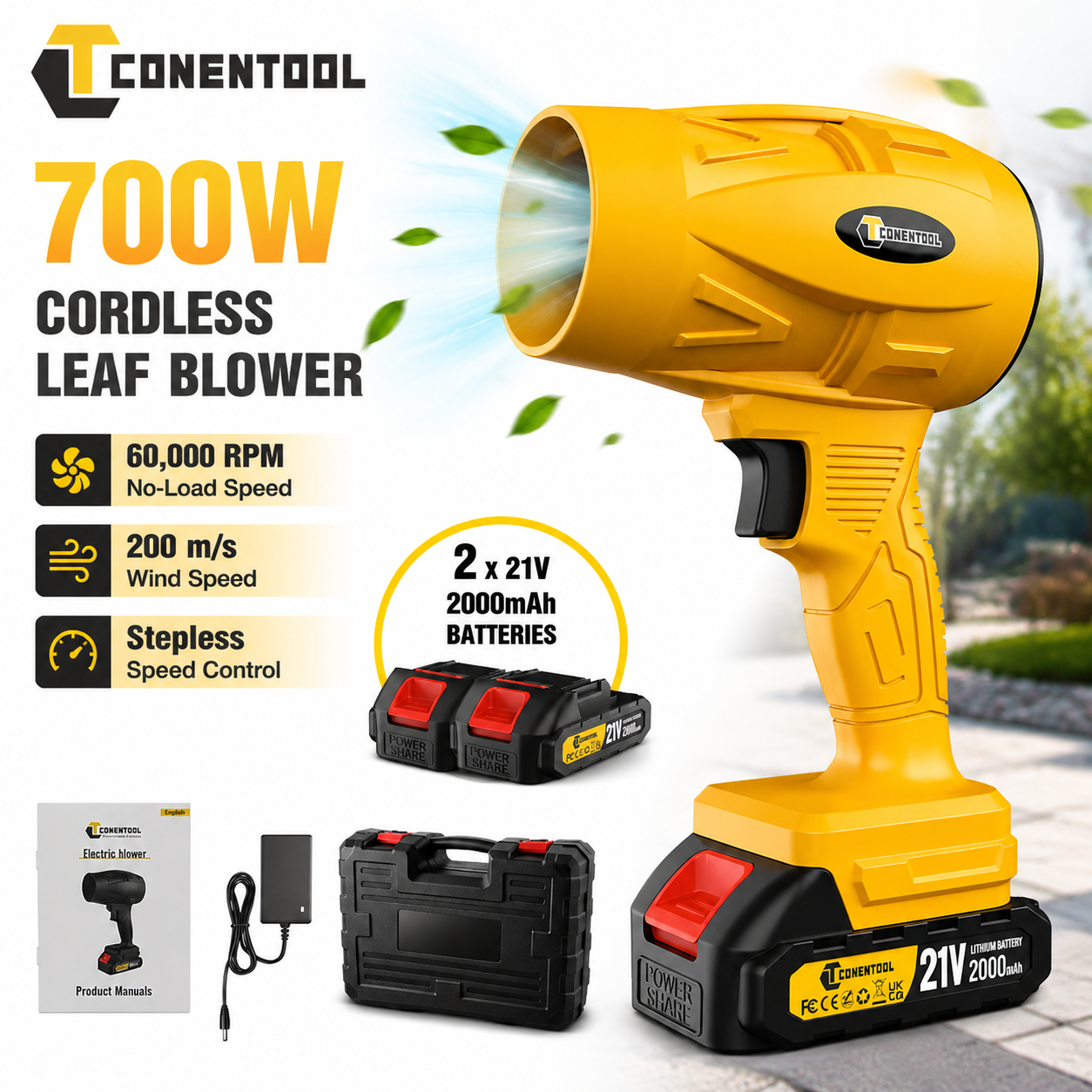 CONENTOOL 21V Cordless Leaf Blower 700W High Power Portable Electric Air Blower with 2x2000mAh Lithium Batteries 60000RPM Stepless Speed Lightweight Handheld Garden Cleaning Tool for Leaves Dust Snow