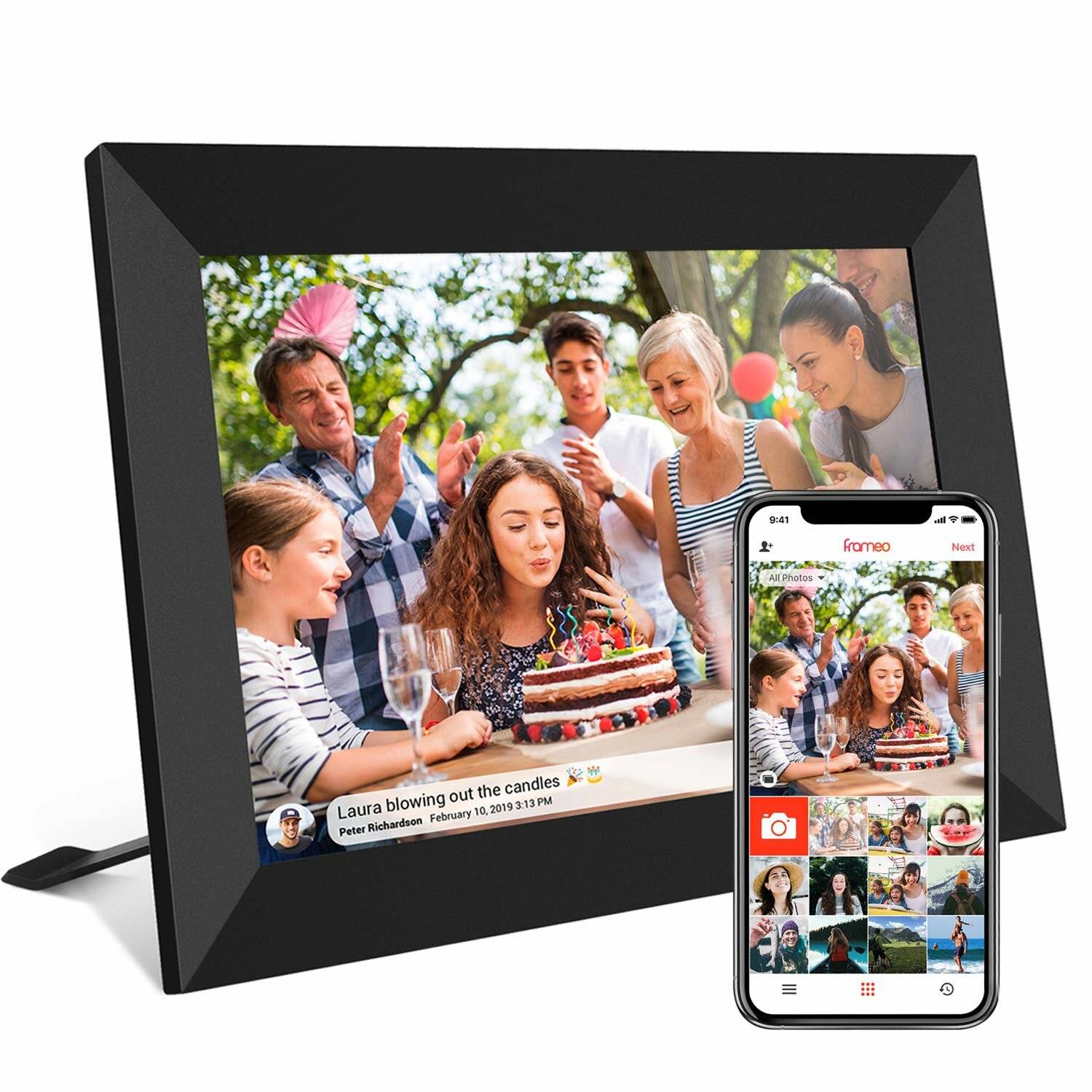 Frameo 10,1 tum Smart WiFi digital fotoram 1280x800 IPS LCD-pekskärm Auto-Rotate stående och liggande inbyggd 16 GB-minn