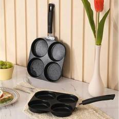 1 st stekpanna i rostfritt stål med 4 koppar äggkokare, non-stick belagd multifunktions frukostpanna, lämplig för ägg, pannkakor, crepes, kompatibel m - Svart (En-Storlek,Ett svart handtag)