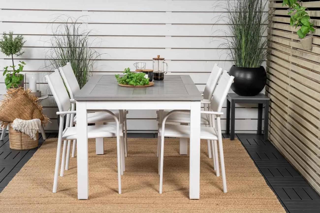 Albany & Santorini - 90×152 cm med 4 stolar - Matgrupper utomhus - grå/vit