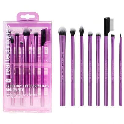Real Techniques Everyday Eye Essentials 8-delat sminkborstset, ögonborstar för eyeliner, ögonskugga, bryn och fransar, resevänligt presentset - Blåröd