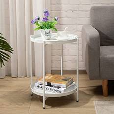HollyHOME Runt Sidobord Metall Soffbord Bricka 2 Nivåer, Mellanmålsbord Tebord Nattduksbord för Vardagsrum Sovrum Balkong Uteplats, Vitt