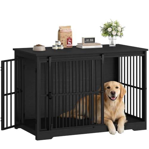 Hzuaneri Hundbursmöbler, 119 cm Hundbur, 2 Dörrar, XXL Modern Inomhushundbur för Medelstora/Stora Hundar, Sidobord, Förstärkt Skjutdörr, 119 × 70 × 88 cm, Svart DFC94404B