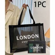2 Pieces/Set Of Black Mesh Tote Bag And Black Mesh Cosmetic Bag, Printed With &#34;London&#34; Letter Pattern, Black Mesh Bag Storage Bag, Large Capacity, Tra - Black - 1 Large Bag + 1 Small Bag,1 Small Bag (excluding Large Bag),1 Large Bag (excluding Small Bags)