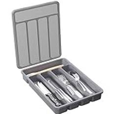 Lifewit besticklåda med lock, liten besticklåda i plast för kökslåda, hållare för bestick, matsilver, köksredskap, avdelare för skedar, gafflar, knivar, bordsbestick, 5 fack, Grå