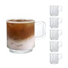 D.M DESIGN·MASTER [6-pack, 350 ml] - Premium glas kaffemuggar med vertikala ränder, genomskinliga teglas för varma/kalla drycker, perfekt design för amerikansk, cappuccino, latte eller te och dryck.