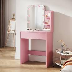 SIRHONA Sminkbord med spegel och 10 LED-lampor, sminkbord med två hyllor, sminkbord med stor låda, modern stil, rosa