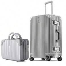 2-Piece Travel Suitcase Set 20-Inch Aluminum Frame Cabin Suitcase + Beauty Box Set | Anti-Scratch Silent Universal Wheels + TSA Lock | Suitable For St - Silver - 20 inch
