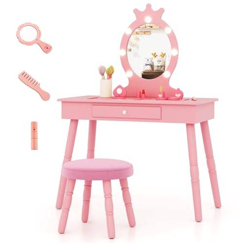 COSTWAY Sminkbord för barn med belysning, 2-i-1 toalettbord prinsessa med avtagbar spegel och låda, smink trä med pall, sminkbord flicka för barn från 3–7 år (rosa)