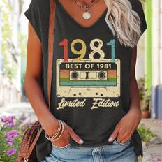 TEMU 1pc Retro 1981 Best Of Edition Tape Print V-neck Sleeveless Top, Casual Knit Polyester Viscose Blend, Spring/summer Fashion