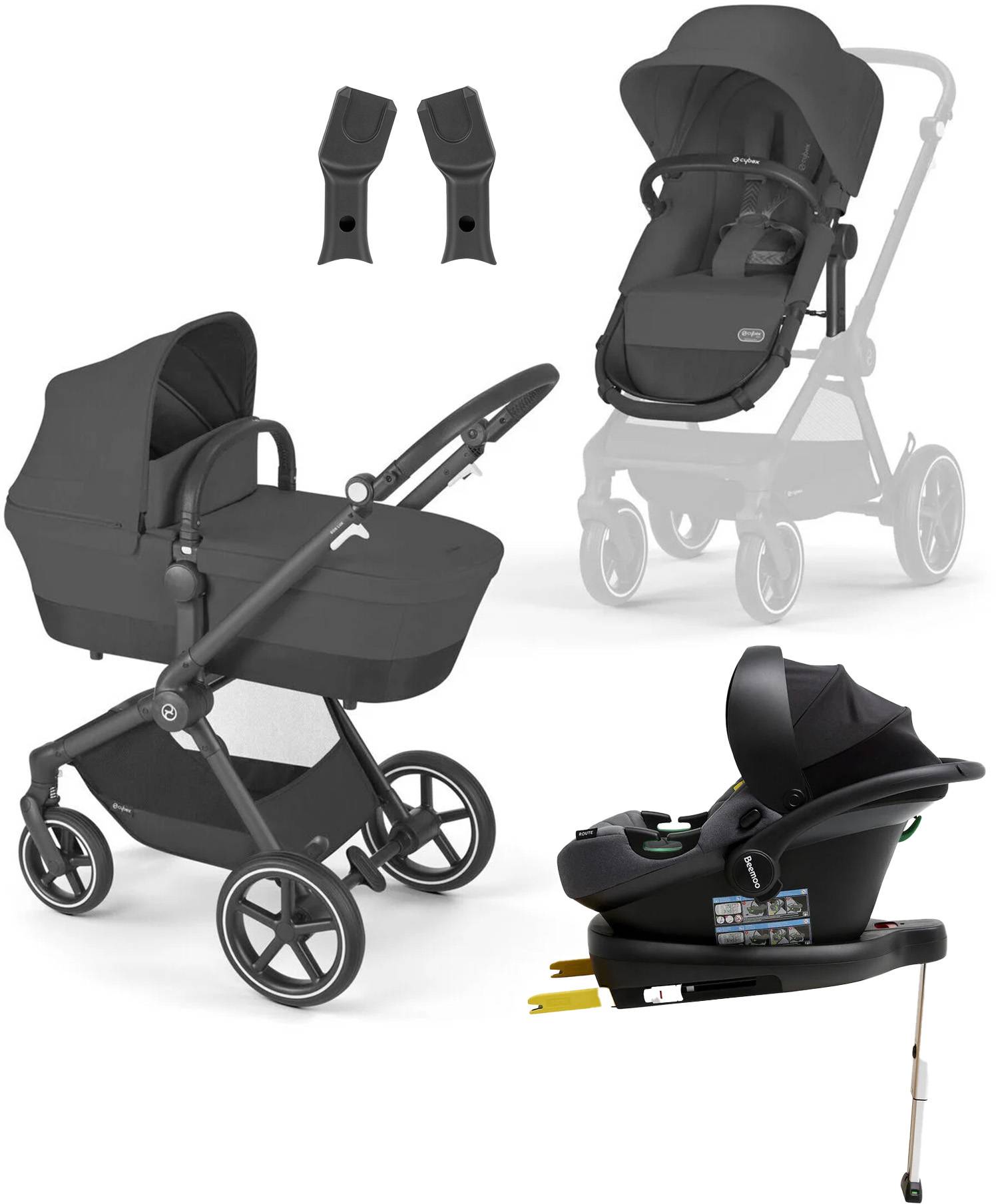 Cybex EOS Lux Duovagn inkl. Beemoo Route Babyskydd & Bas, Moon Black/Mineral Grey