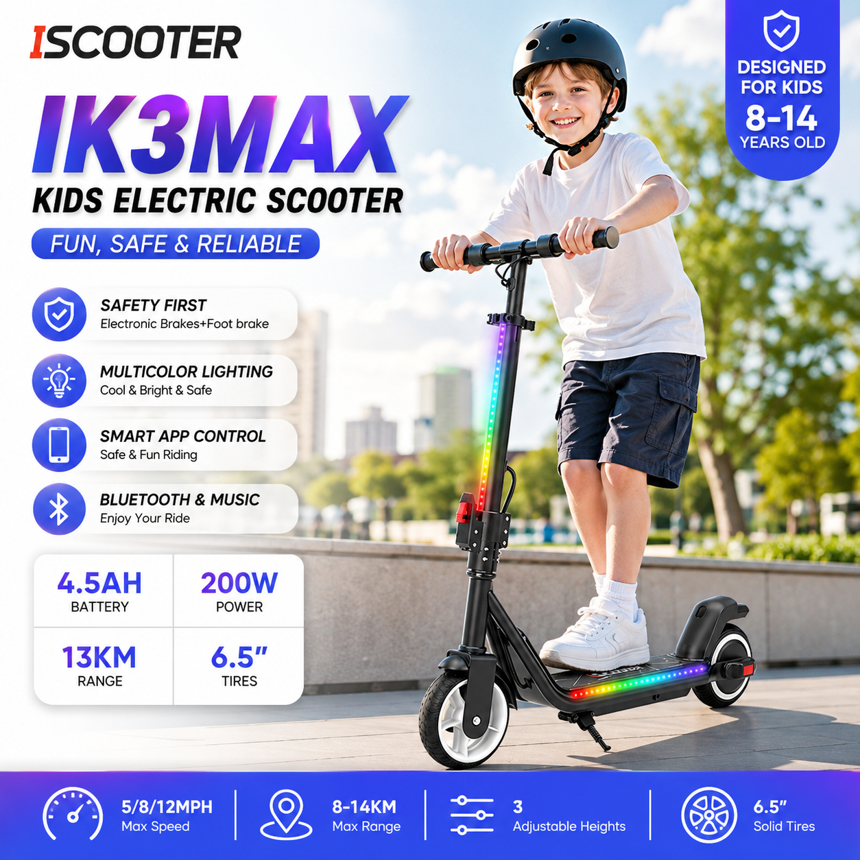 IScooter IK3Max Child Electric Scooter 200W 4.5Ah Scooter 13km Range Foldable Scooter Solid Tire Bluetooth Connect Kids Scooter