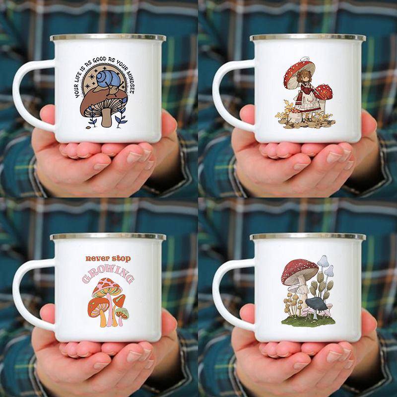Kreativa emaljmuggar med svampmotiv och handtag för kaffe, drycker, te och vatten för kvinnor, resepresenter, frukost, dessert, mjölkkoppar