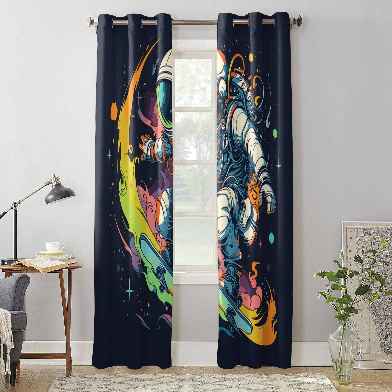 Sporty Astronaut Skateboard Window Curtains for Living Room Bedroom Curtain Modern Kitchen Blinds Drapes Curtains 135W x 60H(cm) x1
