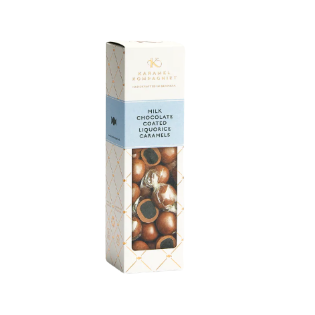 Flødekaramel & lakrids i lys chokolade.