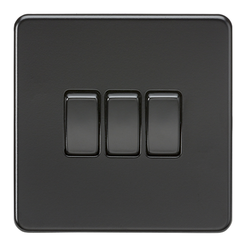 KnightsBridge Screwless 10AX 3G 2-Way Switch - Matt Black with black rockers