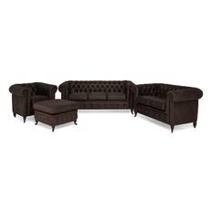 Chesterfield Deluxe Soffgrupp 3+2+1 med Fotpall Läder utseende - Mörkbrun Howard soffgrupp Brun Tyg