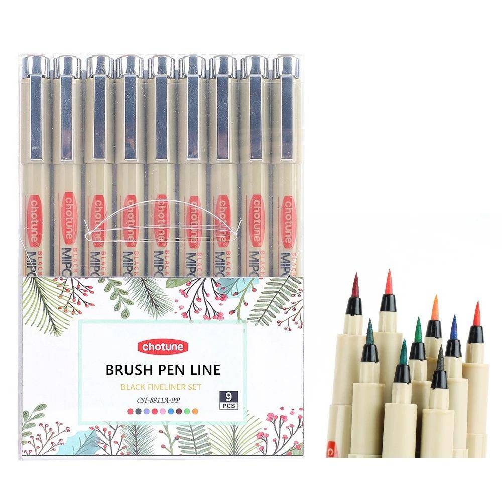 Precision Micro-Line Pens Collection of 9 Colors Brush Fineliner Ink Pens Water Resistant Archival Ink Multiliner Sketching Anime Drawing
