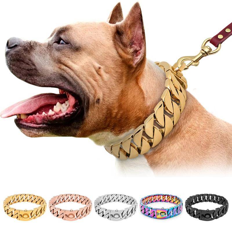 Stark Guld Kubansk Länk Hundhalsband Rostfritt Stål 32mm Stort Hundhalsband Stryphalsband Personligt Halsbandsband för Medelstora Stora Hundar