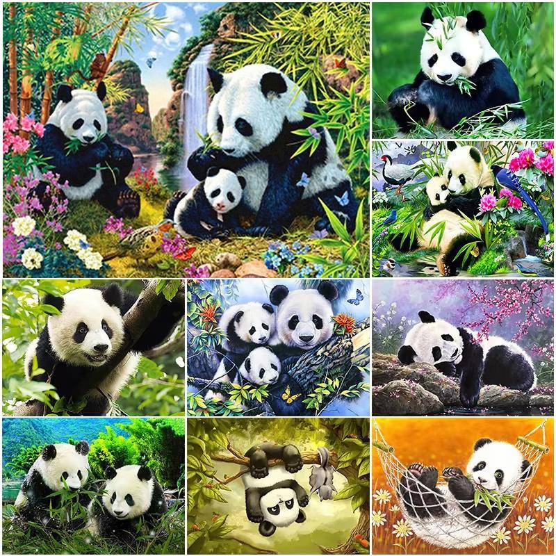 5D DIY Diamantmålning Panda Bambu Blomma Full Runda Diamanter Mosaik Djur Diamantbroderi Kit Strass Hemdekoration