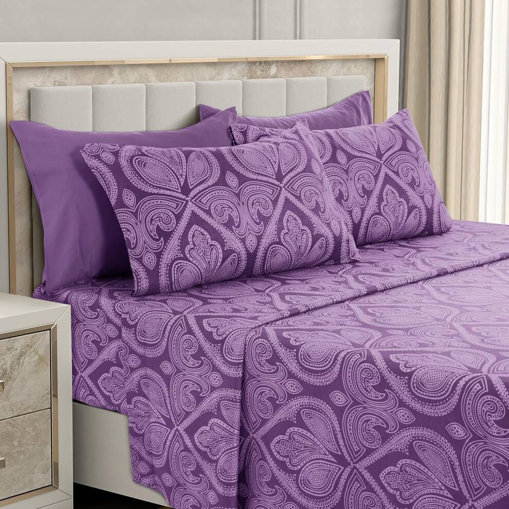 LUX Décor Paisley King-lagensæt – 6 dele ultrablød mikrofiber, 40 cm dyb lomme, åndbar, OEKO-TEX-certificeret – lilla