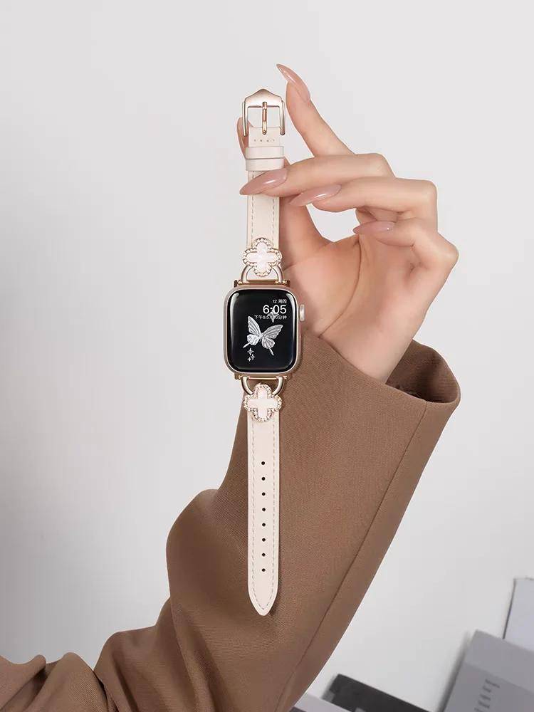 Nytt Läderögla För Apple Watch-armband Tunt dam Series Ultra 10/9/8/7/6 38mm 40mm 41mm 42mm 44mm 45mm 46mm Rem svart