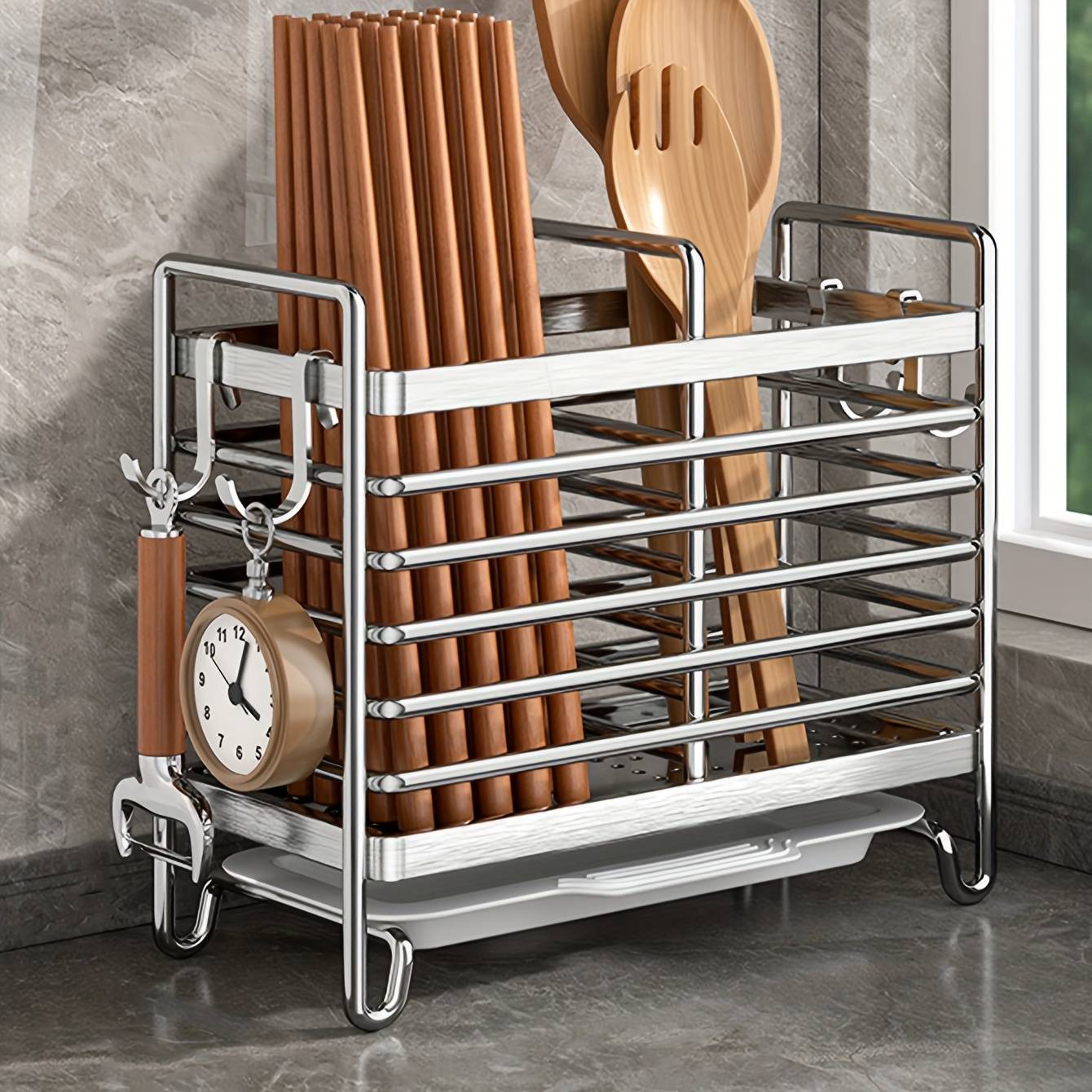 1pc Chopstick Holder, Kitchen Punch-free Wall-mounted Cutlery Storage Box, 2/3 Grids With Drain Tray And 4 Hooks, Knife Storage - Perfect Organizer For The Kitchen