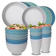 Okrossbara servisuppsättningar för 8 lager, plasttallrikar och skålar set återanvändbara servissset, mikrovågsugn diskmaskin säker middagsservis för camping picknick hemmafest 16 st tallrikar, 8 st
