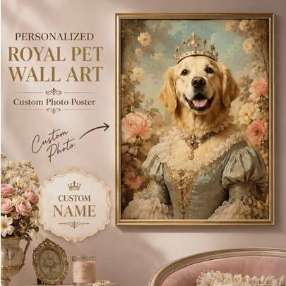 Personligt kungligt husdjursporträtt på canvas, anpassad Golden Retriever-prinsessaposter, vintage blomsterhundporträtttryck, elegant husdjursväggdeko - Multifärgad (30*40,40*50,40*60,50*70,20*30)