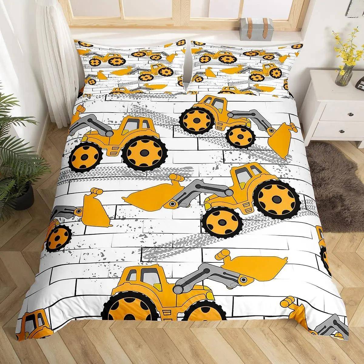 Grävmaskin Kung Drottning Påslakan Tecknad Byggbil Sängklädesset för Barn Pojkar Flickor Traktor 2/3 st Polyester Täcke
