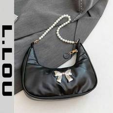 Fashion Pearl Chain Crescent Shoulder Bag, Fashionable Baguette Shoulder Bag, Hand-Held Small Bag, Outdoor Casual Bag, Versatile Commuter Bag - Black - one-size