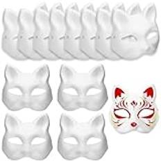 zrfgbxim 12 stycken kattmasker, Therian Mask, rävmask, vita gör-det-själv-masker att måla, gör-det-själv-pappersmask, tom kattmask för halloween cosplay maskerad party maskerad masker omålade stöd