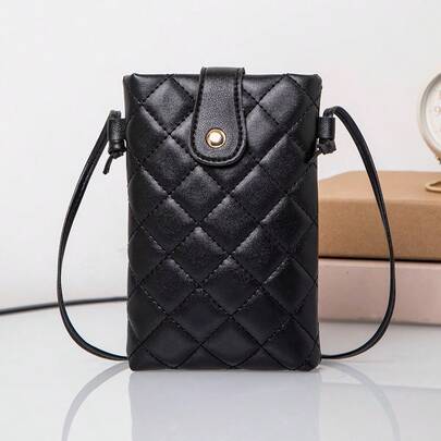 Minimalistisk svart mobilväska, moderiktig myntbörs, mini svart väska, quiltad svart väska, axelrem, crossbody, stöldsäker spänne, perfekt för affärsr