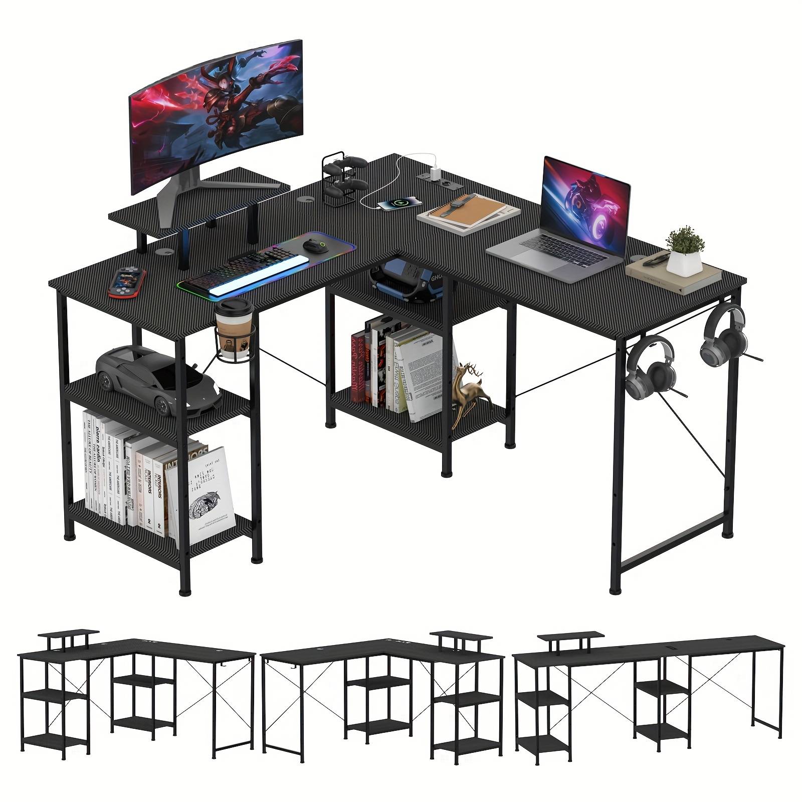 L-shaped Gaming Desk, Desk In , Carbon Fiber Gaming Table With Screen Stand, Angled Gamer With Hooks, Black For Gaming 130x130cm