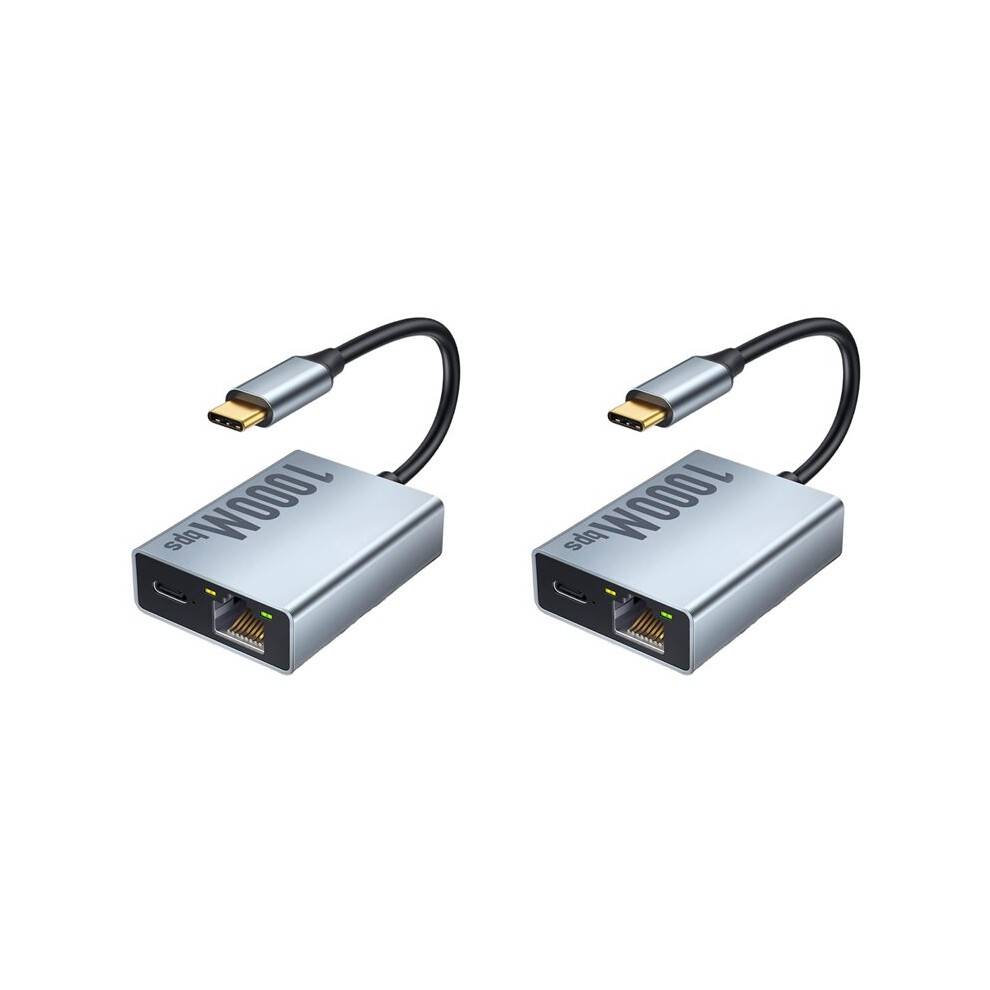 2X USB-C Ethernet Adapter 2-in-1 1000Mbps RJ45 Network Converter for Chromecast with TV Plug and Grey