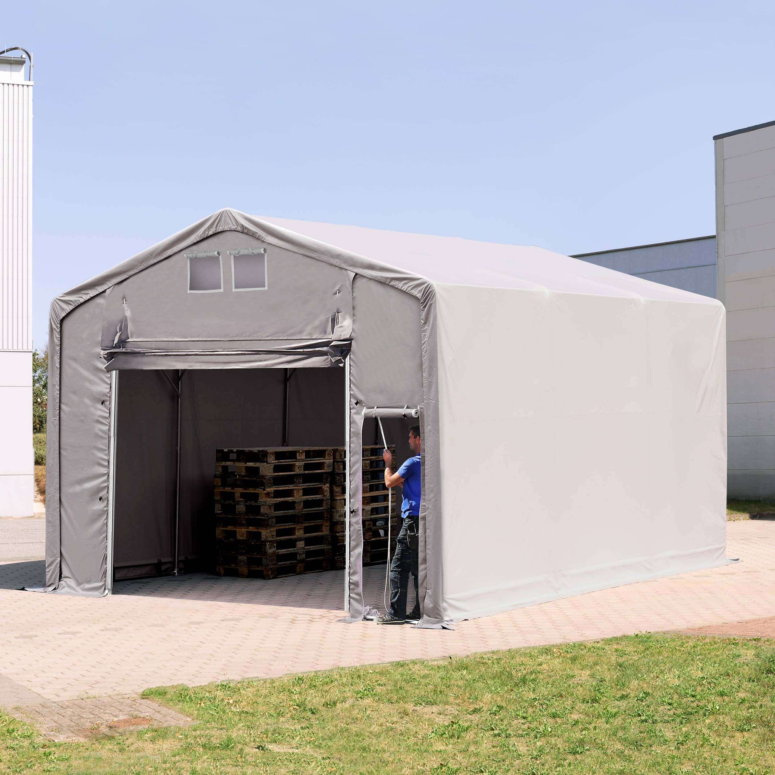 6 x 6 m tälthall - 3,0 m sidohöjd med hissport, PVC grå, inkl. hållfasthet (underlag: betong) - (94107)