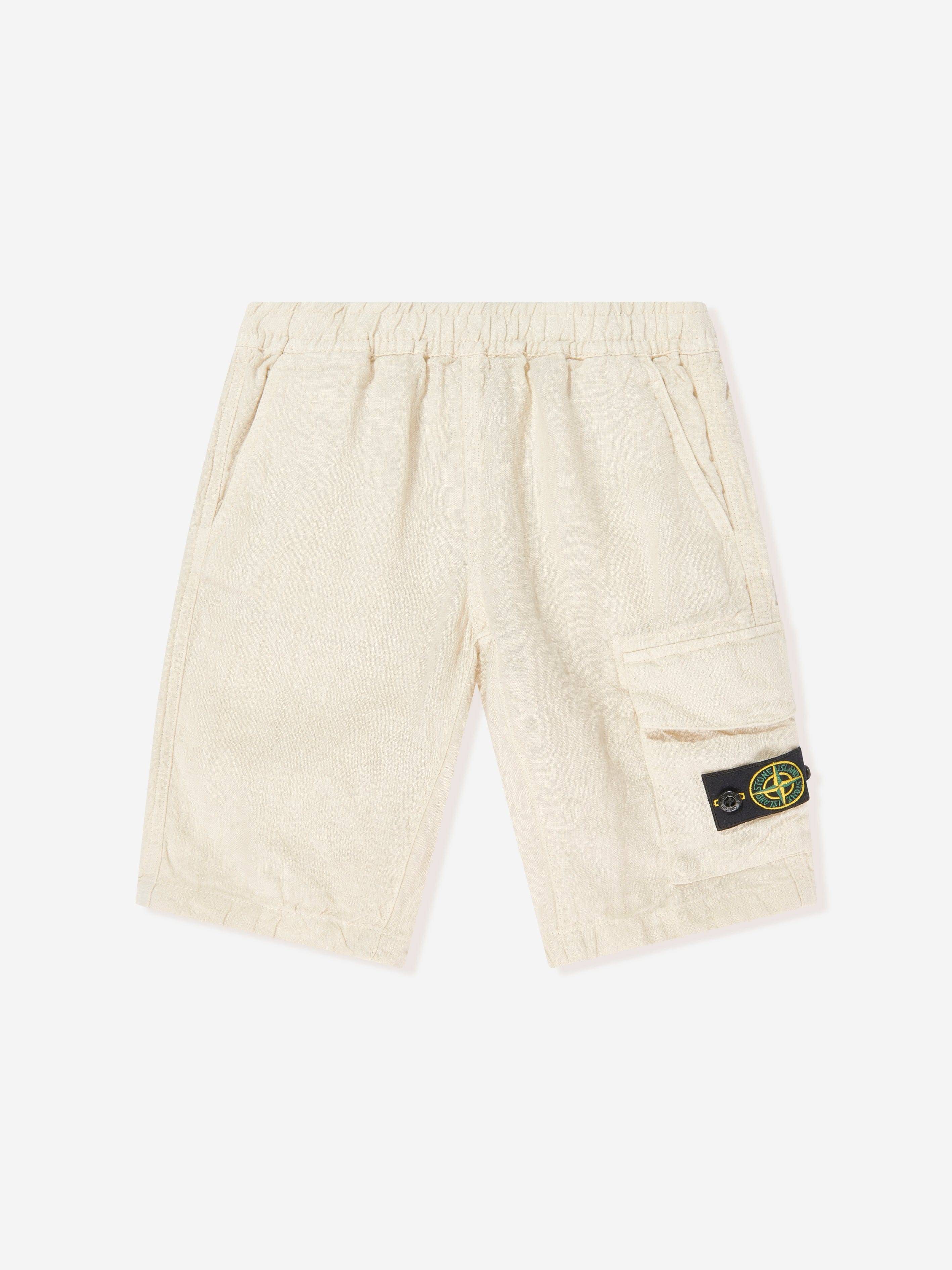 Stone Island Boys Linen Logo Pocket Shorts in Ivory - Ivory / 12 Yrs (12 Yrs)