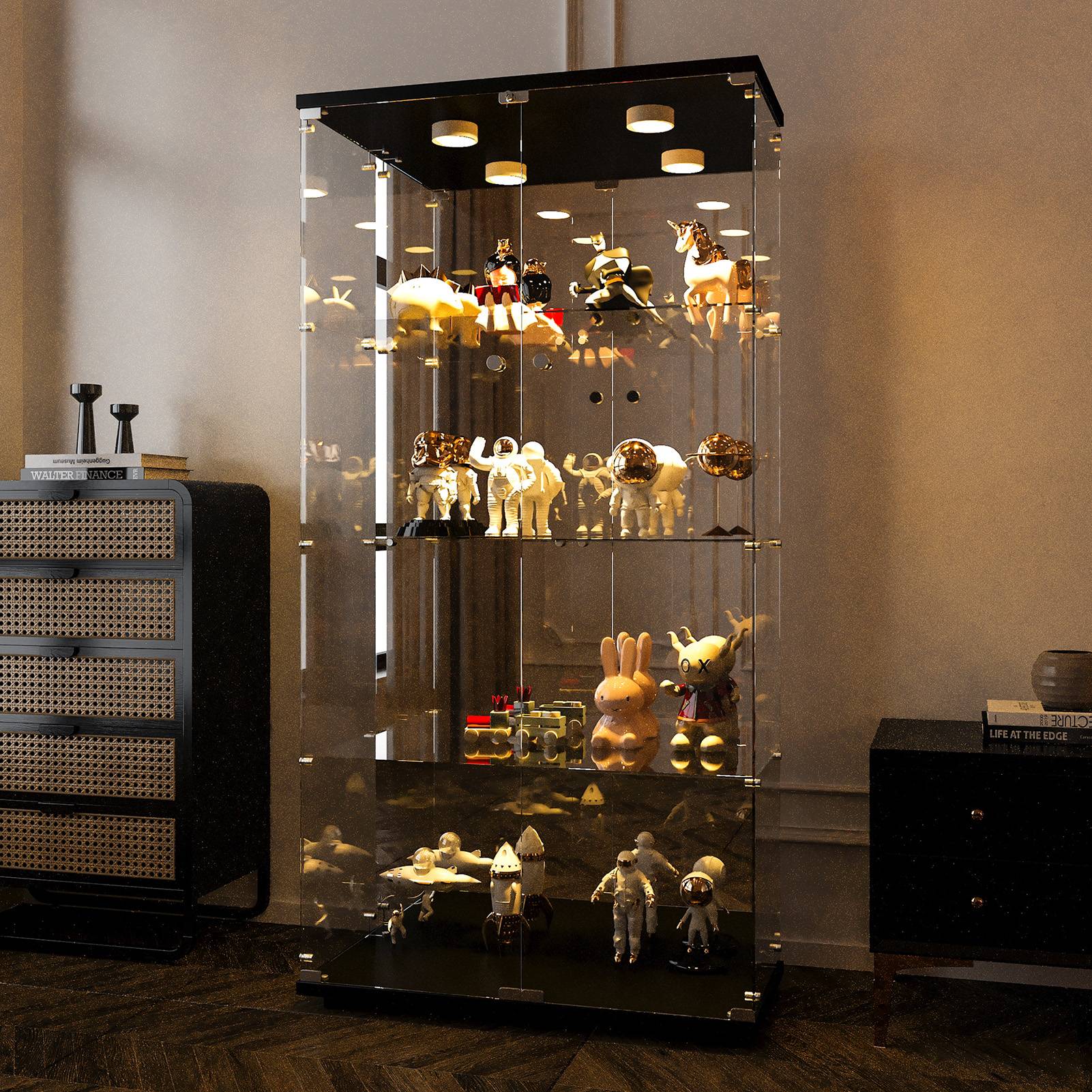 Rosahqnda glass cabinet with 4 shelves, 8 storage rooms with door, toys storage s wardrobe curio stand bookshelf