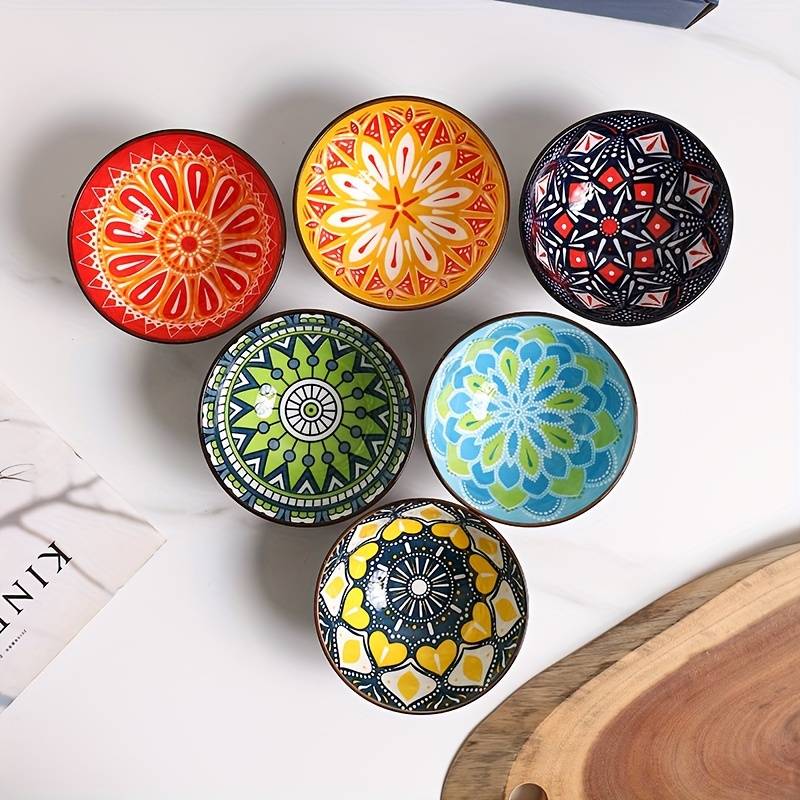 6pcs Bohemian Ceramic Bowl Set - Handcrafted, For Cereal, Ice Cream, Pasta, Salad, Rice, Snacks, , And Condiments - Perfect Gift Box, Kitchenware Accessories, Microwave And Dishwasher Safe