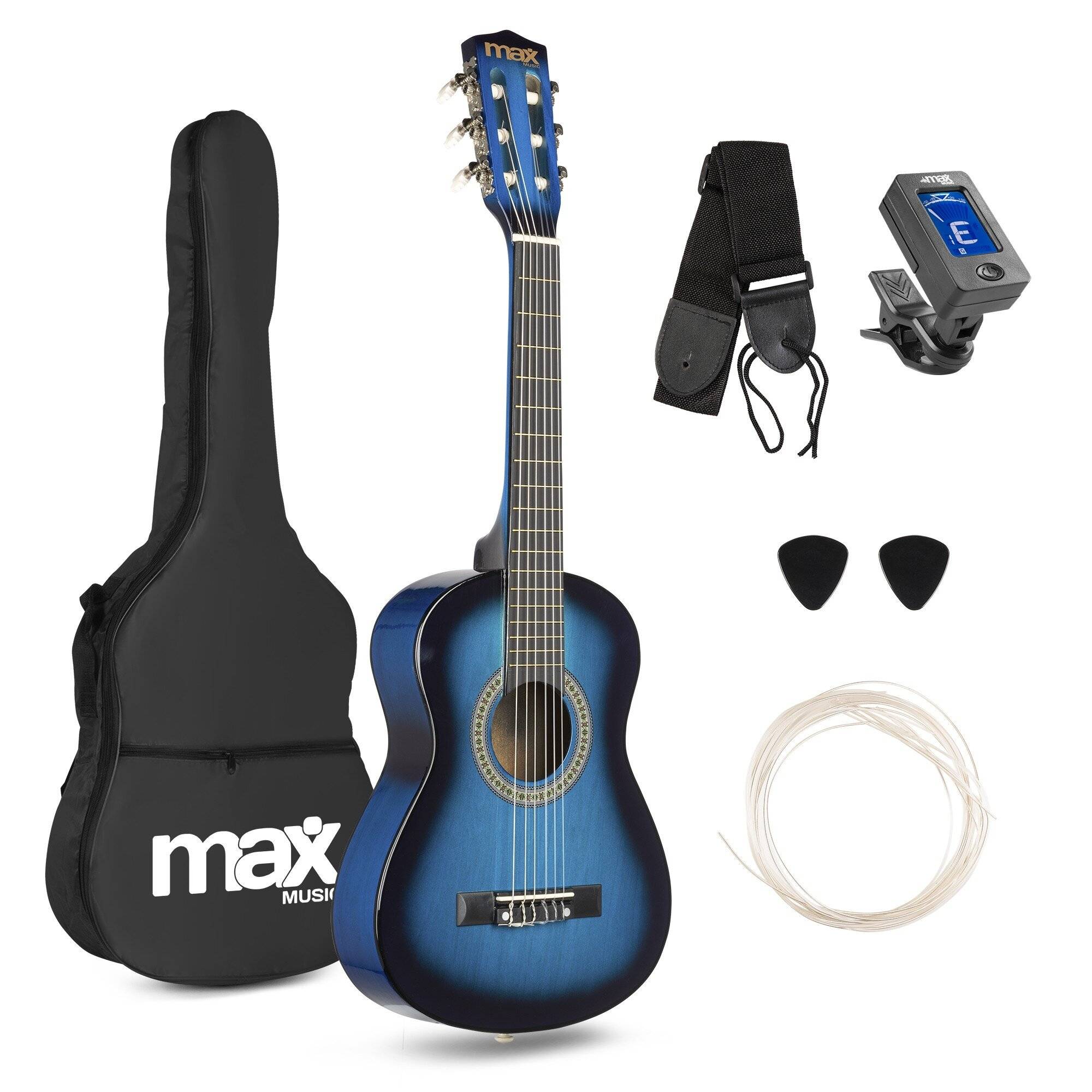 FYNDHÖRNAN / Max SoloArt Junior barngitarr 1/4 Klassisk Gitarrpaket Blå, Färgstarkt nybörjarpaket med klassisk gitarr i barnvänlig storlek - Blå