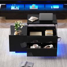 95x48x42 cm højdejusterbart sofabord med LED-lys, opbevaring og stikkontakt, sort