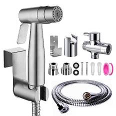 Bidé rostfritt stål handdusch, toalett bad bidé för bidé beslag WC med G 1/2 tum T-ventil och en G3/8 tums adapter, 150 cm slang och krok toalett eller väggfäste
