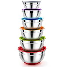 Homikit blandningsskålsset, rostfritt stål skål salladsskål set om 6 med lufttätt lock och silikonbotten, stapelbar, diskmaskinssäker, 4,6 l/2,8 l/2,5 l/1,6 l/1,2 l/0,7 l